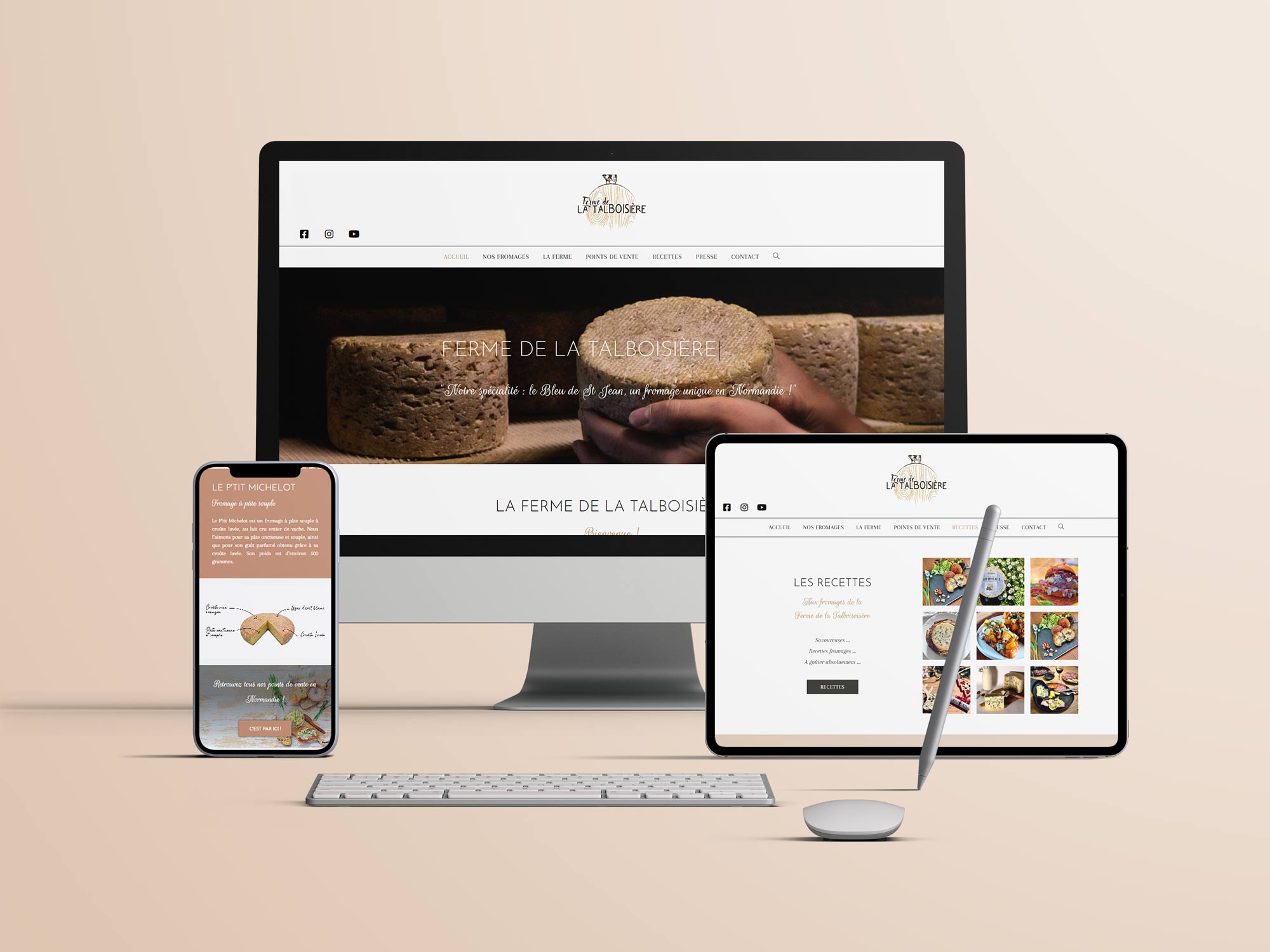 Mock up d'un site internet d'une entreprise fabricant du fromage. Le site web est représenté sur PC, téléphone portable et tablette