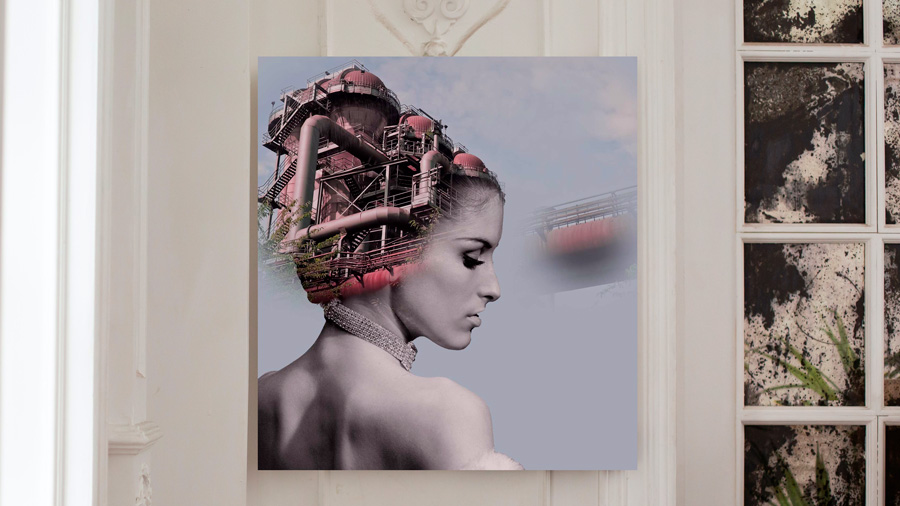 Photomontage d'une femme au travers d'une usine. L'usine apparait en transparence dans les cheveux de la femme. Les tons de l'image sont violet, rouge et noir et blanc.