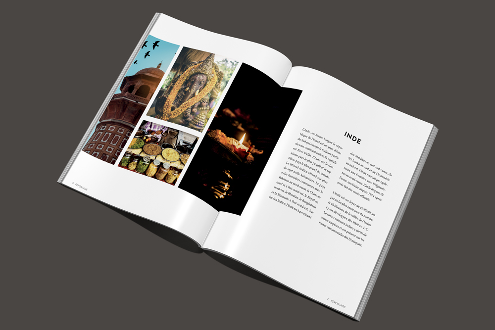 Intérieur d'un magasine appelé "Reportage" crée par Cabana'Com à Caen. Sur la page de gauche il y a une grille de photos et à droite un texte sur deux colonnes
