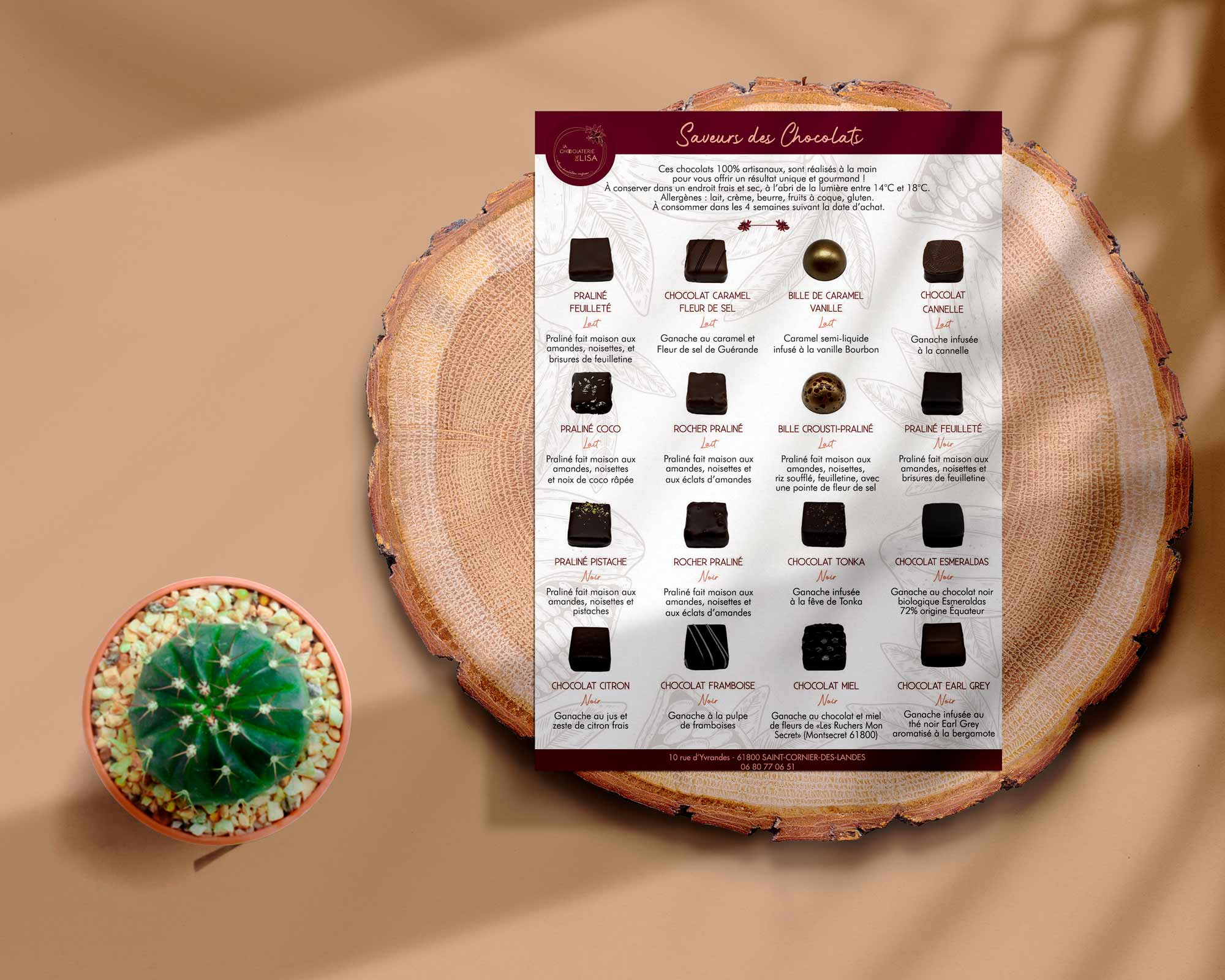 Flyer décrivantles saveurs de chocolats. Un Flyer crée par Cabana'Com à Caen, infographiste et webdesigner