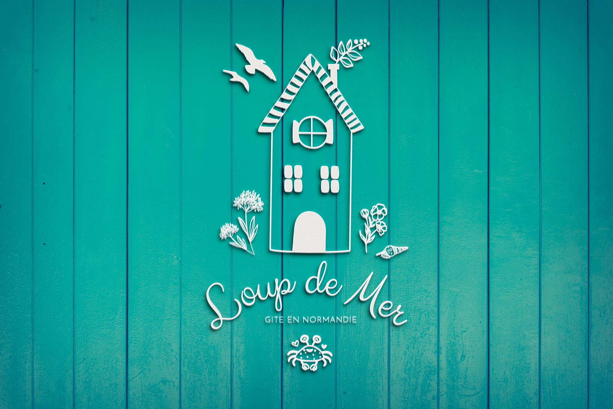 Logo blanc appelé gîte Loup de Mer représantant une petite maison avec oiseaux, fleurs et coquillages. Le logo est sur une porte bleu turquoise.